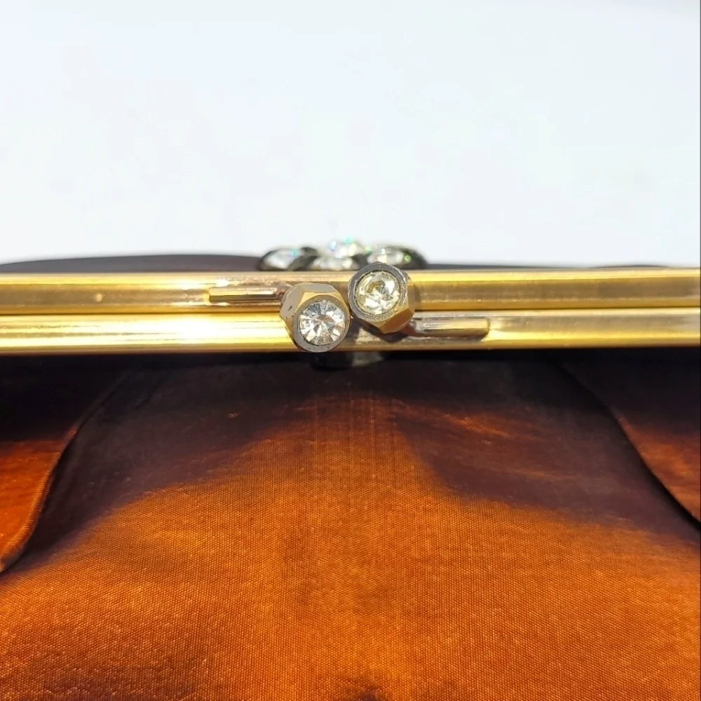 Vintage Burnt Copper Satin Fold-Over Clutch | Rhinestone Flower Details